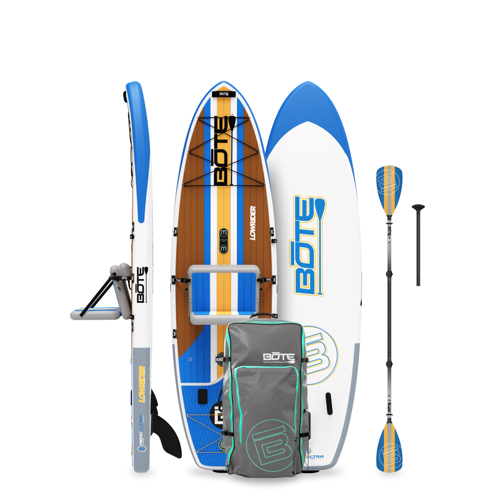 Front view of LowRider Aero inflatable SUP package in Full Trax with paddle, backpack, and pump.