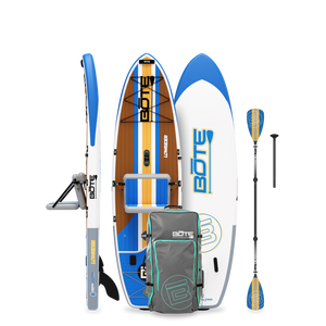 Front view of LowRider Aero inflatable SUP package in Full Trax with paddle, backpack, and pump.