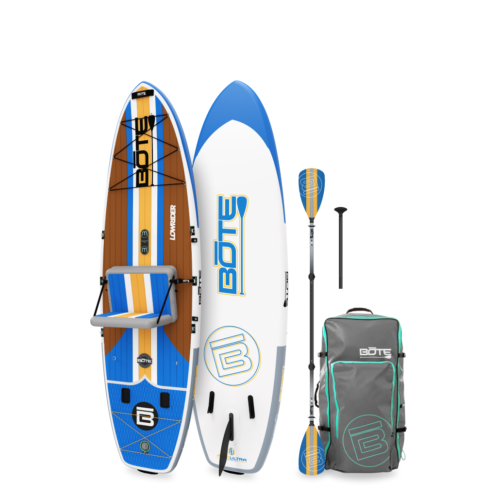 Top and bottom view of LowRider Aero inflatable SUP package in Full Trax with kayak seat, paddle, and bag.
