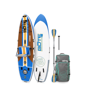 Top and bottom view of LowRider Aero inflatable SUP package in Full Trax with kayak seat, paddle, and bag.