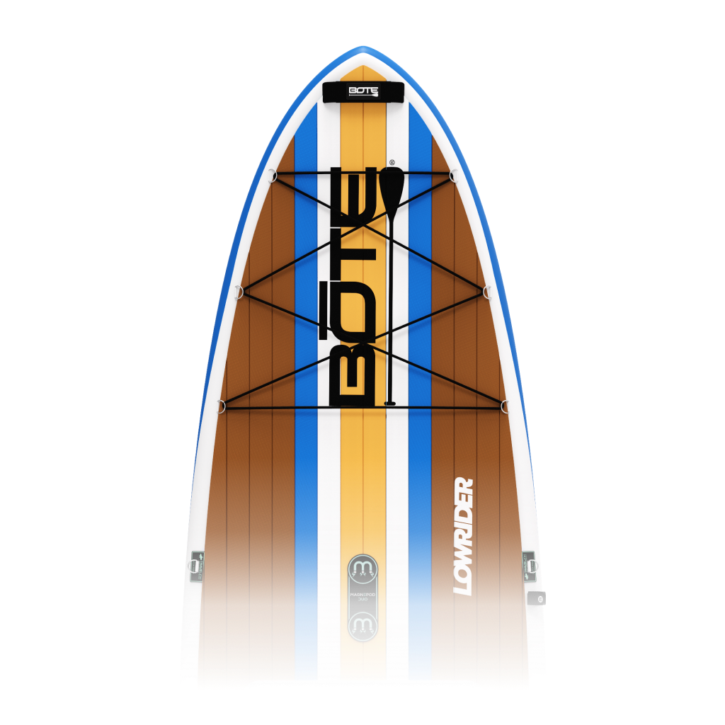 Top-down view of LowRider Aero inflatable SUP deck in Full Trax colorway with bungee tie-downs.