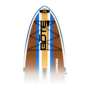 Top-down view of LowRider Aero inflatable SUP deck in Full Trax colorway with bungee tie-downs.