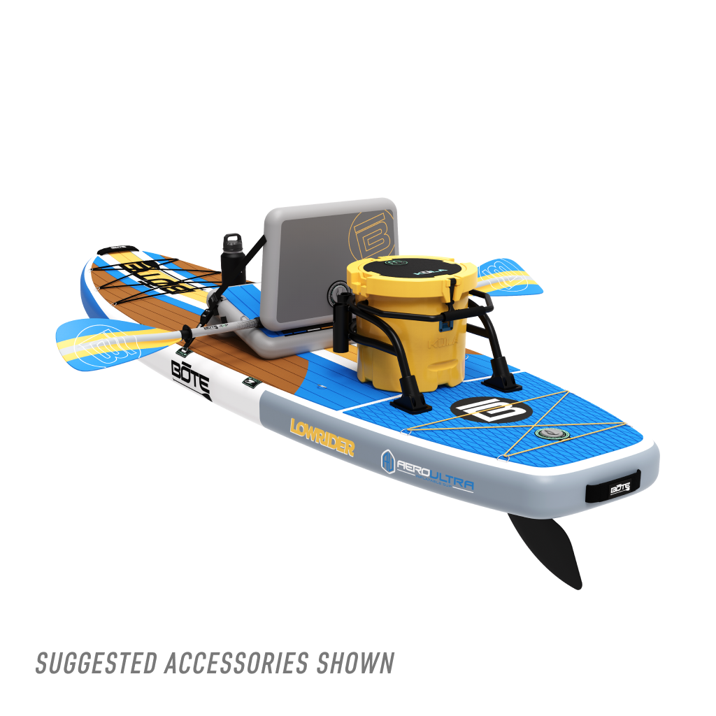Rear view of LowRider Aero inflatable SUP in Full Trax with kayak seat, cooler, and paddle accessories shown.