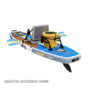 Rear view of LowRider Aero inflatable SUP in Full Trax with kayak seat, cooler, and paddle accessories shown.