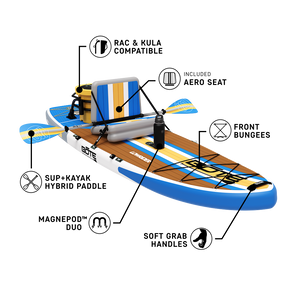 Angled front view of LowRider Aero inflatable SUP in Full Trax with kayak seat and paddle shown.