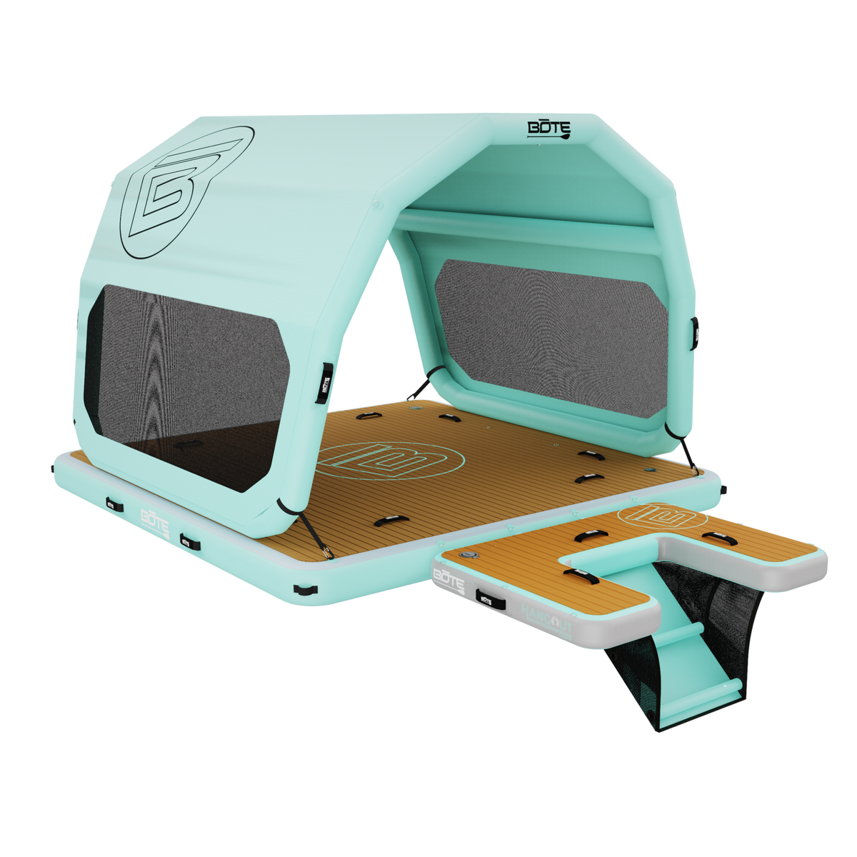 Angled view of 10' Private Island Package inflatable dock with aqua canopy, teak deck, and ladder.