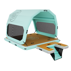 Angled view of 10' Private Island Package inflatable dock with aqua canopy, teak deck, and ladder.
