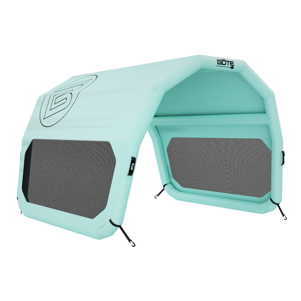 Turquoise inflatable shade tent with gray mesh panels on a white background with black BOTE logo
