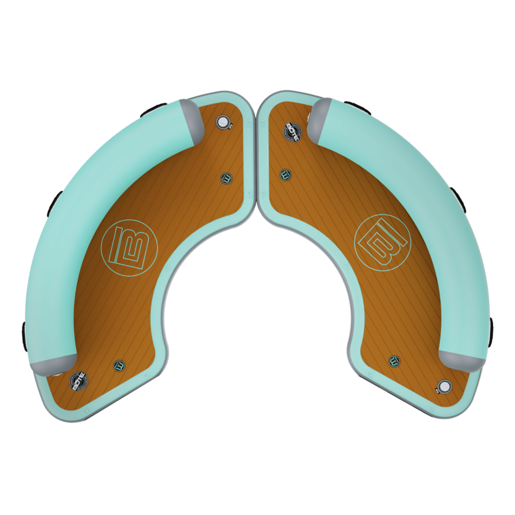 Top view of the Hangout 120 showing two curved inflatable sections with wood-grain deck pads and teal rails.