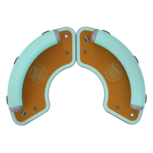 Top view of the Hangout 120 showing two curved inflatable sections with wood-grain deck pads and teal rails.