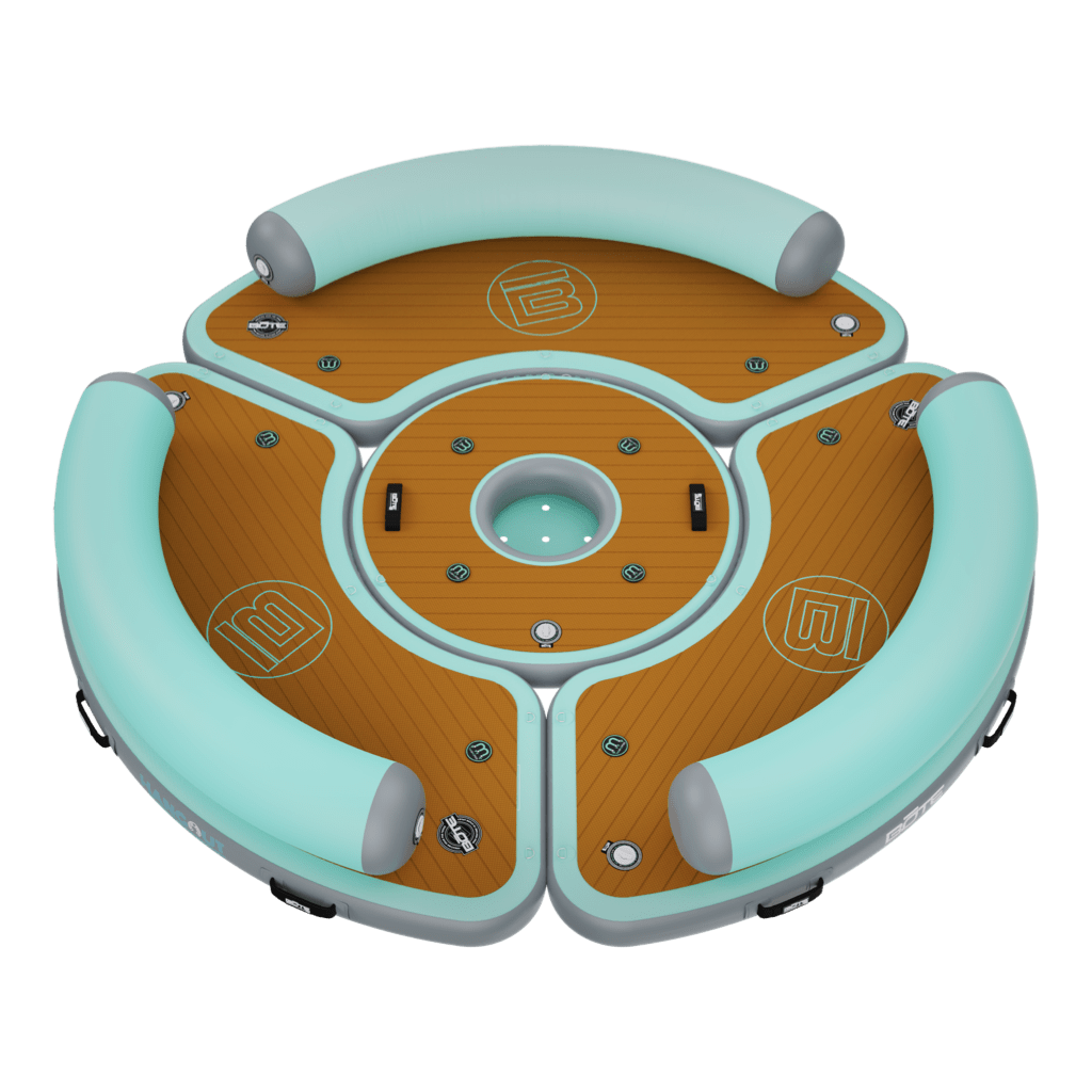 Front angled view of the Inflatable Dock Hangout 360 Duo with Bar