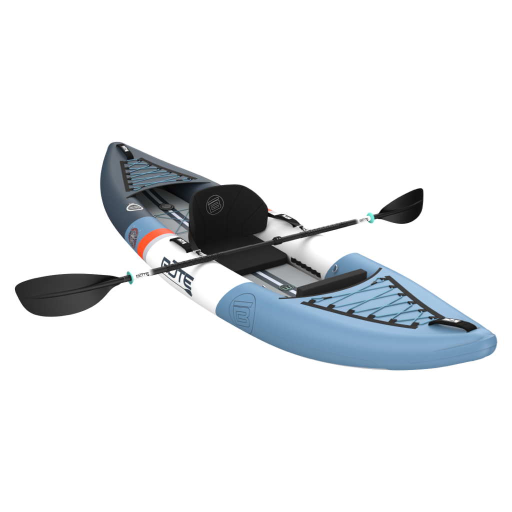 Blue and gray inflatable kayak with a paddle