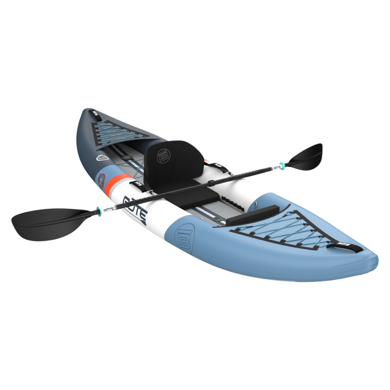 Blue and gray inflatable kayak with a paddle