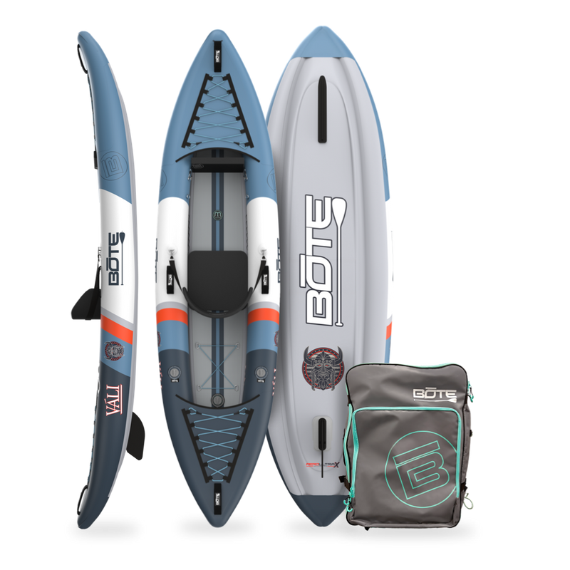 Inflatable paddle boards and a bag with BOTE logo on a white background