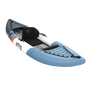Blue and white inflatable kayak with a seat on a white background