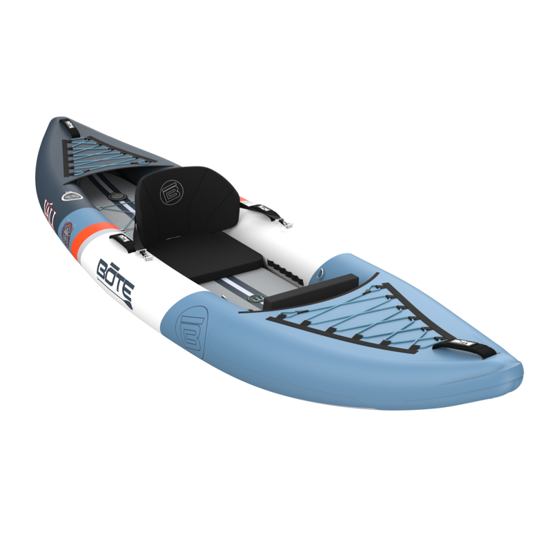 Blue and white inflatable kayak with a seat on a white background
