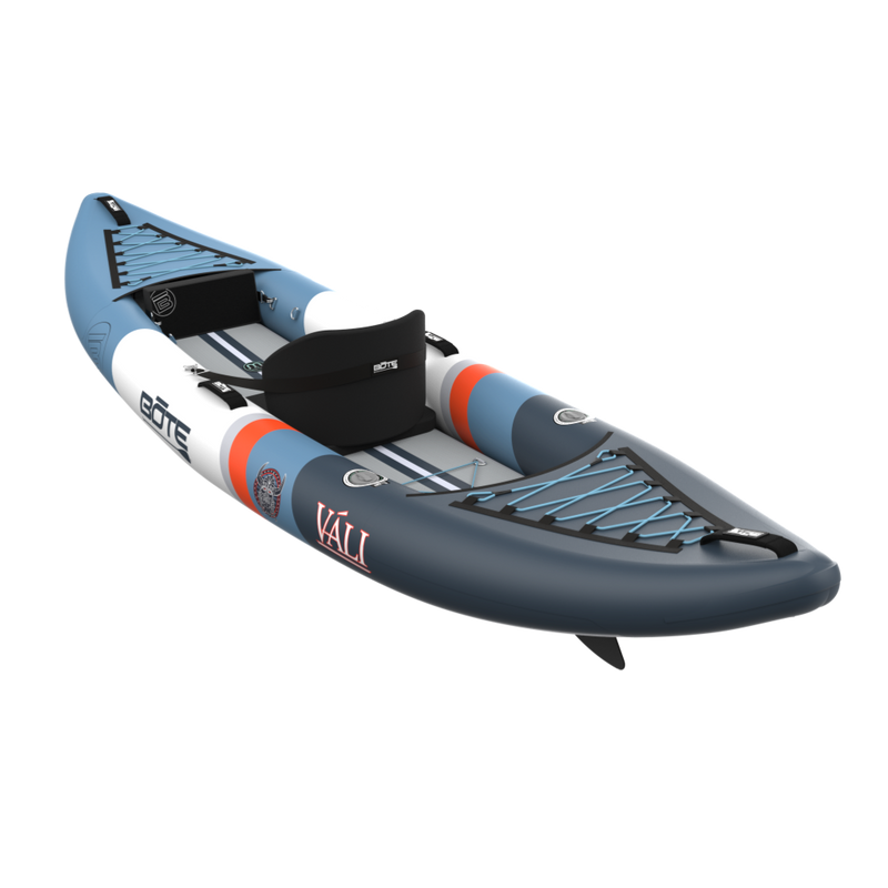 Inflatable kayak with blue and gray design on a white background