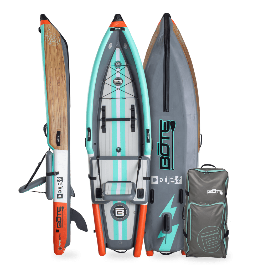 Front, back, side view of the Deus Aero inflatable kayak in Classic Cypress with bag