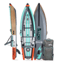 Front, back, side view of the Deus Aero inflatable kayak in Classic Cypress with bag