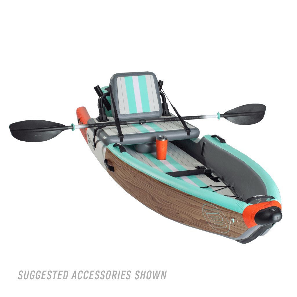 Front angle view of the Deus Aero inflatable kayak in Classic Cypress with paddle