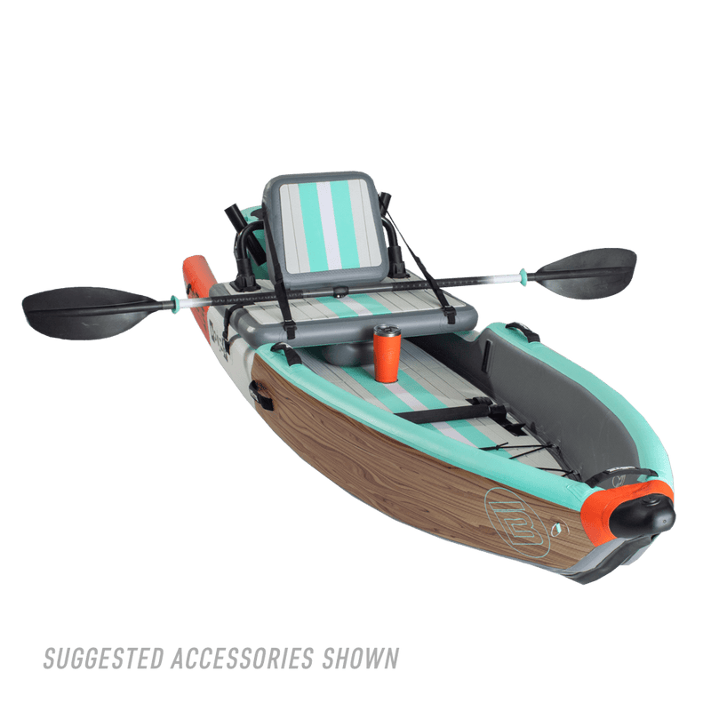 Front angle view of the Deus Aero inflatable kayak in Classic Cypress with paddle