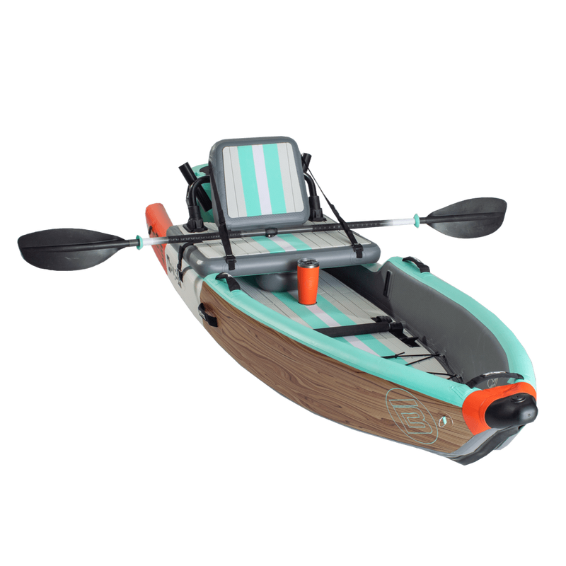 Front angle view of the Deus Aero inflatable kayak in Classic Cypress with paddle and accessories.
