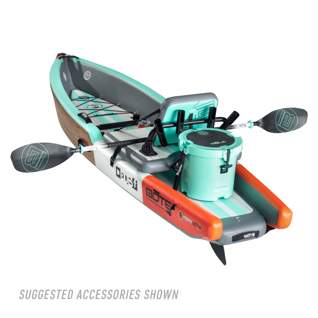Back angle view of the Deus Aero kayak in Classic Cypress with accessories.