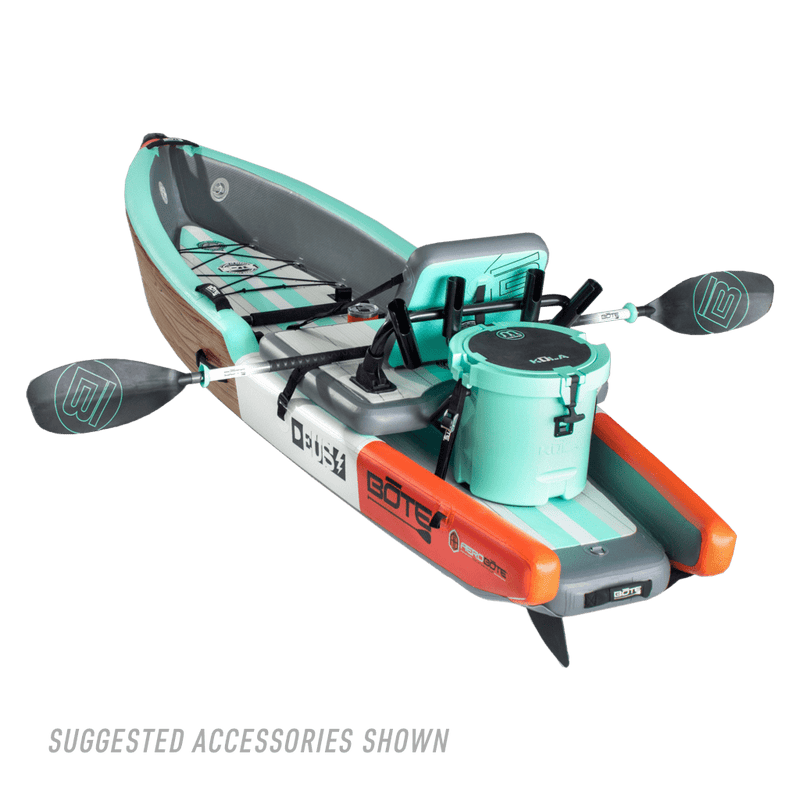 Back angle view of the Deus Aero kayak in Classic Cypress with accessories.