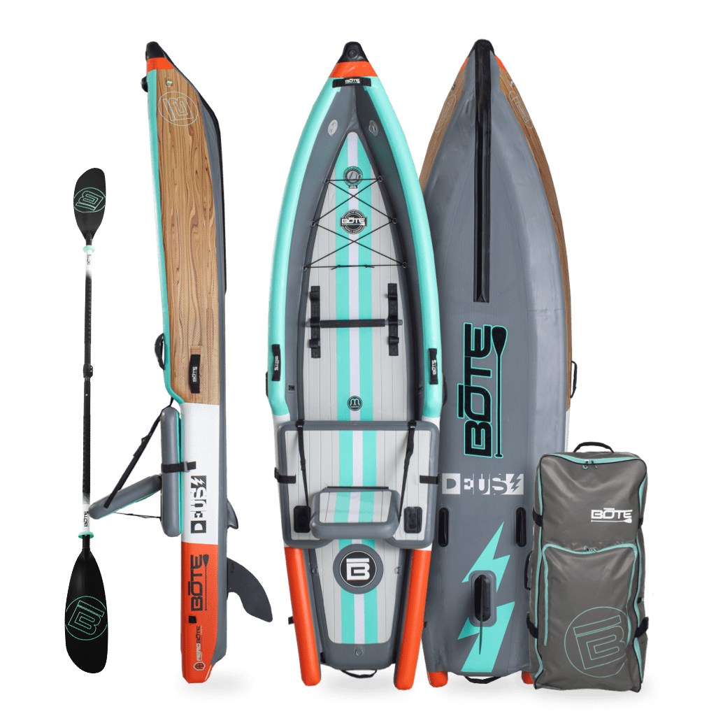Front, side, back view of Deus Aero inflatable kayak in Classic Cypress with paddle and bag.