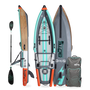 Front, side, back view of Deus Aero inflatable kayak in Classic Cypress with paddle and bag.