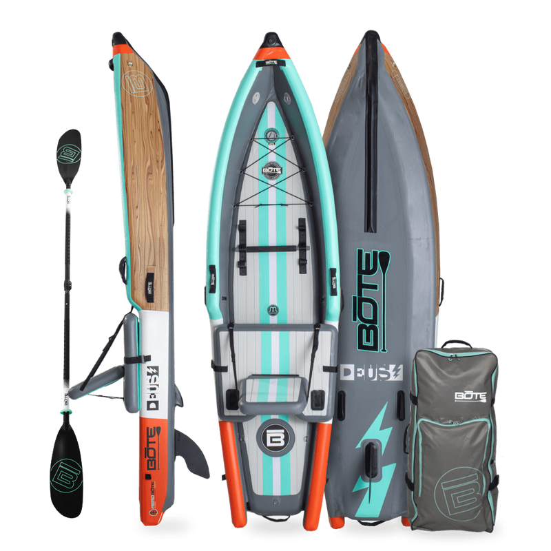 Front, side, back view of Deus Aero inflatable kayak in Classic Cypress with paddle and bag.