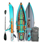 Front, side, back view of the Deus Aero inflatable kayak in Native Aqua with paddle and bag. 