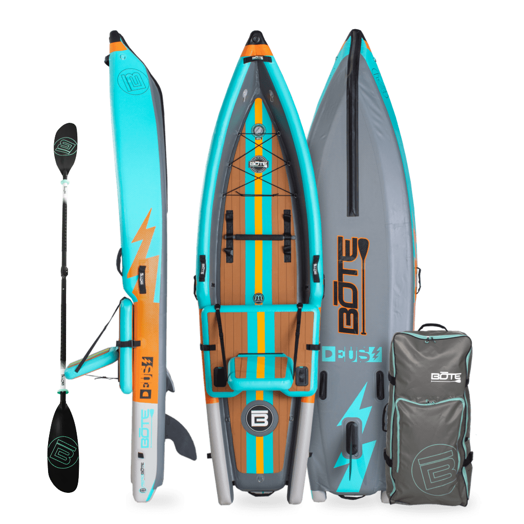 Front, side, back view of the Deus Aero inflatable kayak in Native Aqua with paddle and bag. 