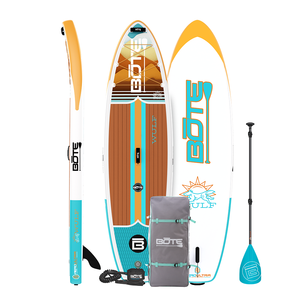 WULF Aero 11'4" Native Dune board shown with paddle, bag, leash, and pump in full package layout.