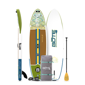 Top, side and bottom view of the WULF Aero Native Scales Inflatable paddle board with bag, leash and paddle