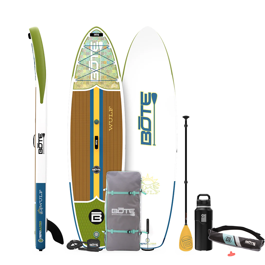WULF Aero Package in Native Scales with paddle, fin, bag, leash, bottle, and strap.