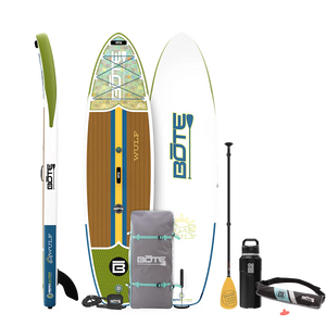 WULF Aero Package in Native Scales with paddle, fin, bag, leash, bottle, and strap.
