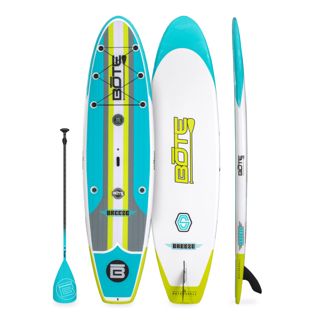 Top, side, and bottom view of the Breeze 11′6″ Full Trax Citron Paddle Board Essentials
