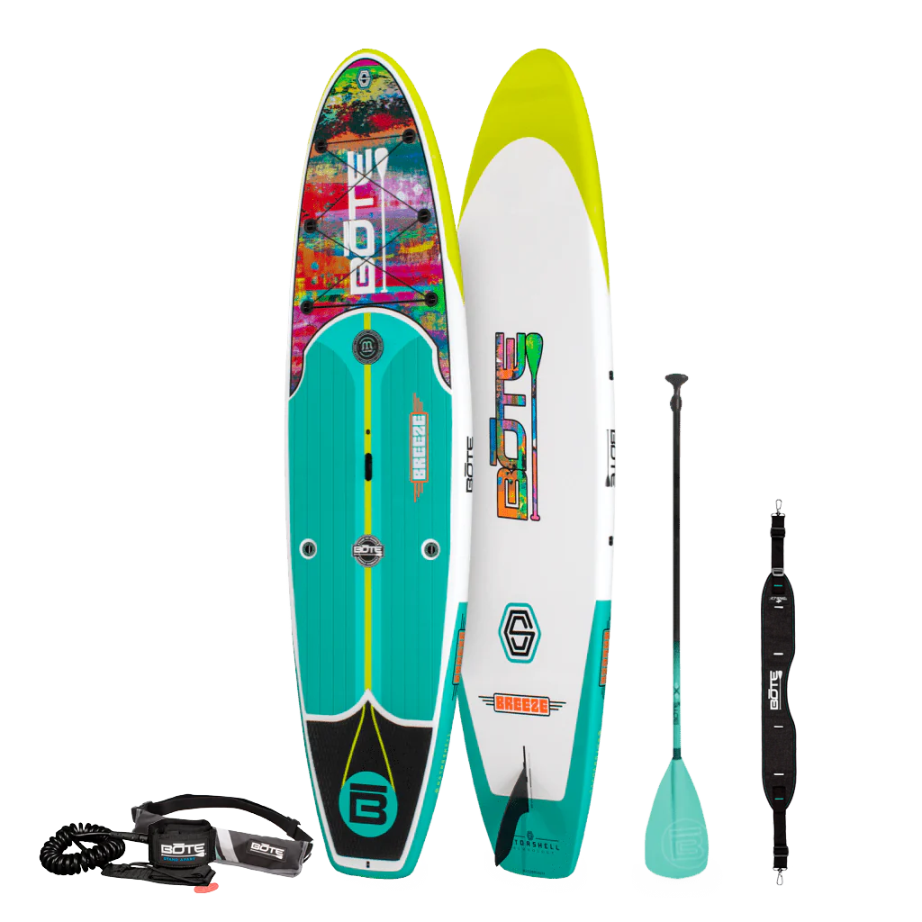 Angled view of the Breeze 11′6″ Native Spectrum Paddle Board Package