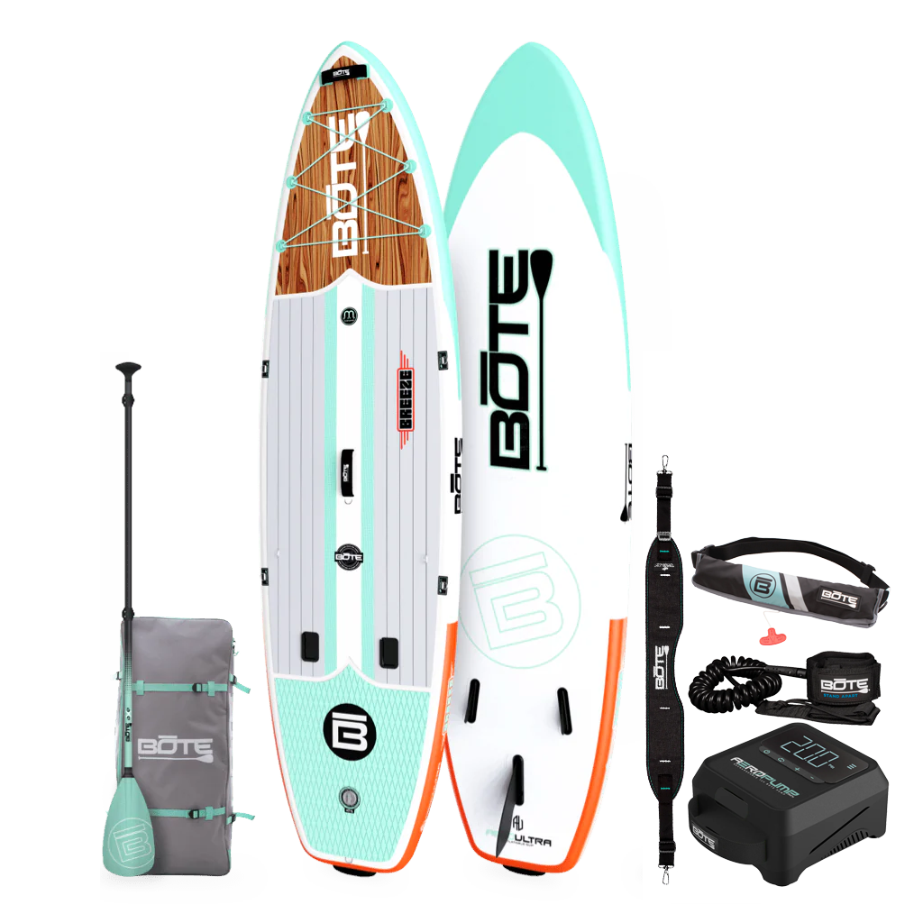 Top and bottom view of BOTE inflatable paddle board with accessories on a white background. The paddleboard is white with light blue, orange and wooden accents.