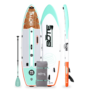 Top, side, bottom view of the Breeze Aero 11'6" Classic Mangrove Inflatable Paddle Board with bag and paddle