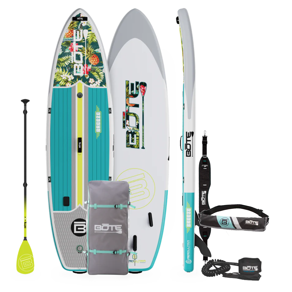 Top, side, bottom view of the Breeze Aero 11'6" Native Cuda Inflatable Paddle Board with bag, paddle, PFD Belt, and leash