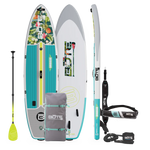 Top, side, bottom view of the Breeze Aero 11'6" Native Cuda Inflatable Paddle Board with bag, paddle, PFD Belt, and leash