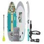 Top, side, bottom view of the Breeze Aero 11'6" Native Cuda Inflatable Paddle Board with bag, paddle, PFD Belt, and leash