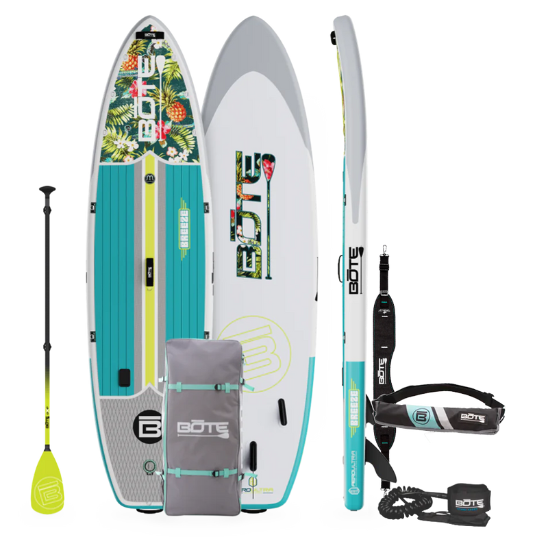 Top, side, bottom view of the Breeze Aero 11'6" Native Cuda Inflatable Paddle Board with bag, paddle, PFD Belt, and leash