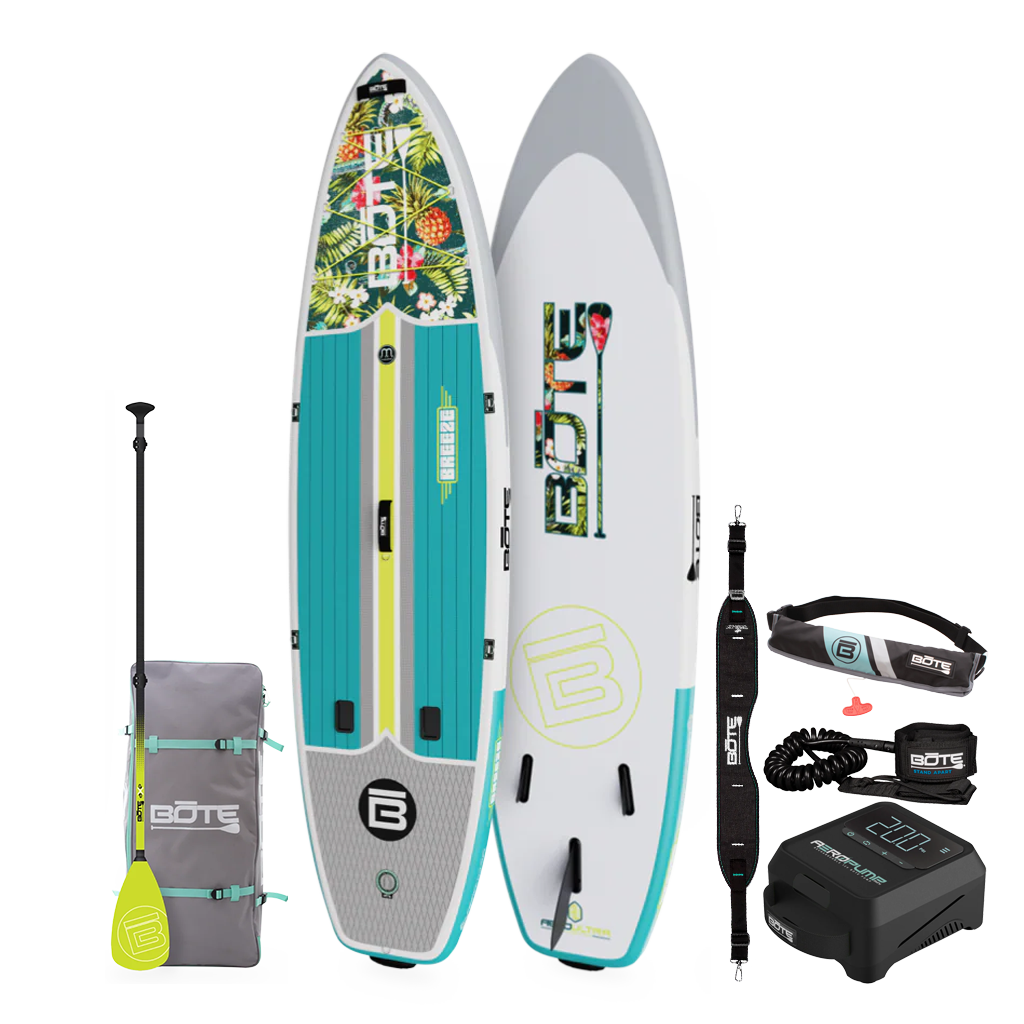 Top and bottom view of BOTE inflatable paddle board with accessories on a white background. The paddleboard is white with light blue, yellow and floral accents.