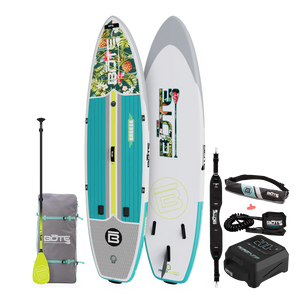 Top and bottom view of BOTE inflatable paddle board with accessories on a white background. The paddleboard is white with light blue, yellow and floral accents.