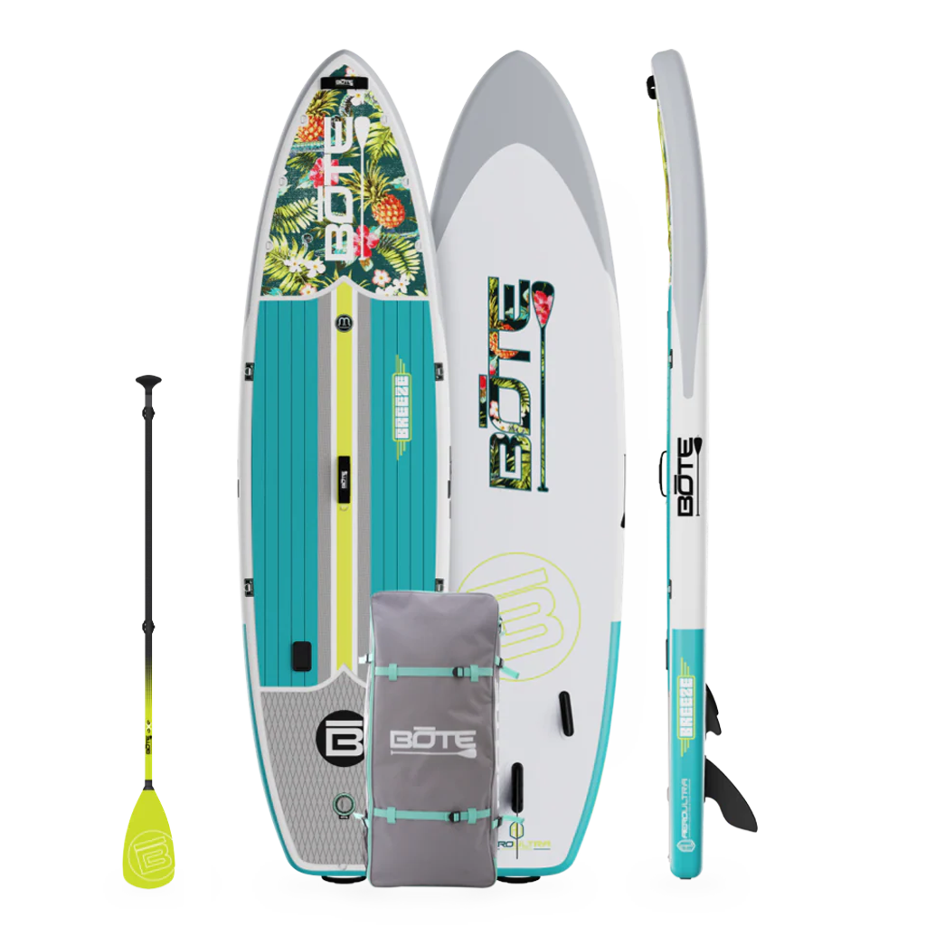 Top, side, and bottom view of the Breeze Aero 11'6" Native Cuda Inflatable Paddle Board with bag and paddle