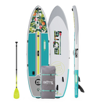 Top, side, and bottom view of the Breeze Aero 11'6" Native Cuda Inflatable Paddle Board with bag and paddle