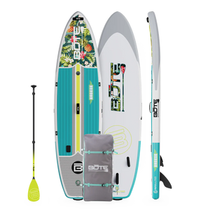 Top, side, and bottom view of the Breeze Aero 11'6" Native Cuda Inflatable Paddle Board with bag and paddle